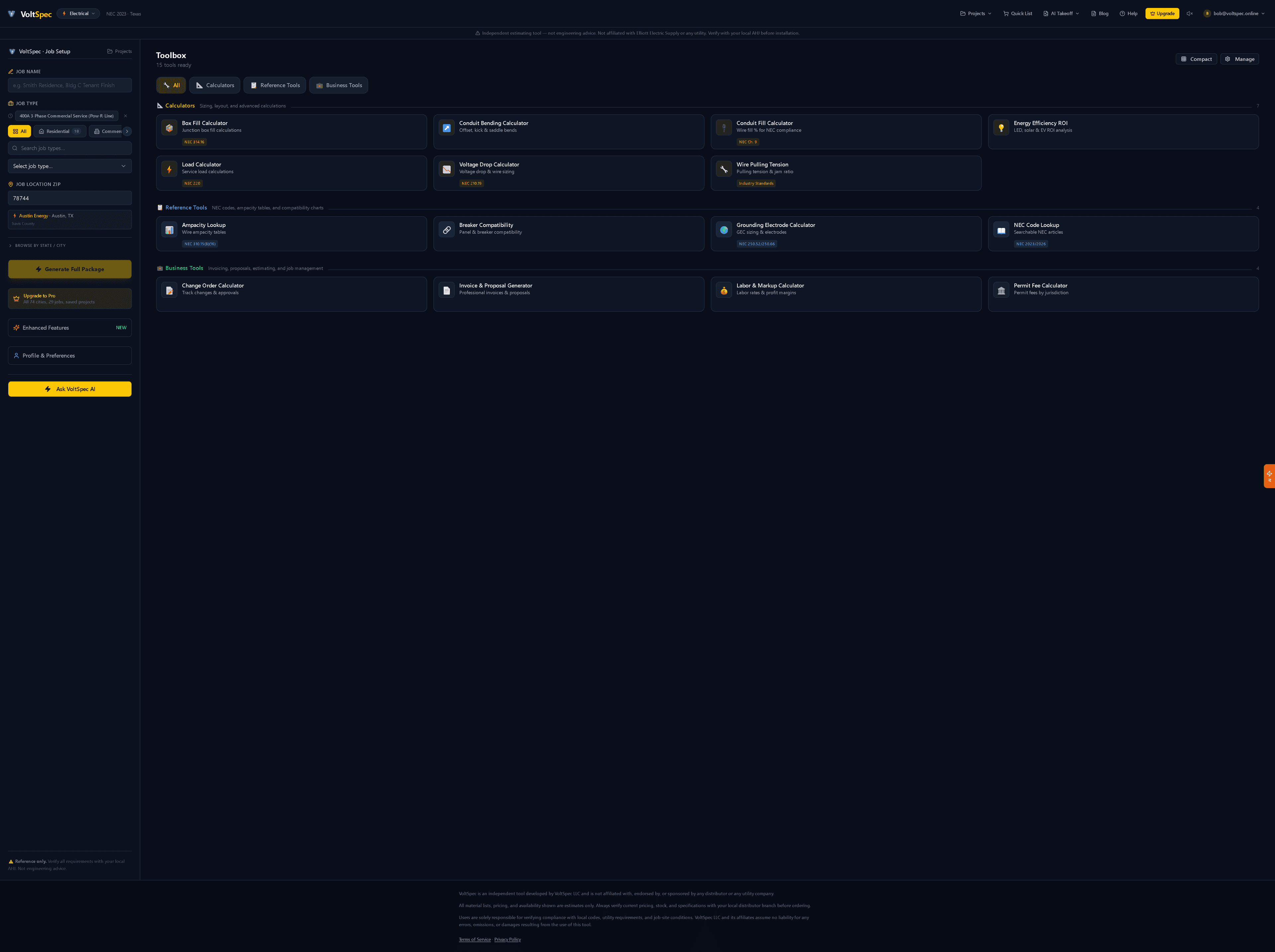 VoltSpec app — main dashboard with job configuration and BOM generation